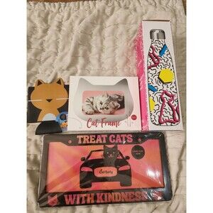 Lot Of 4 Cat Lady Box Items--Frame, Car, Travel Cup, And Can Cooler